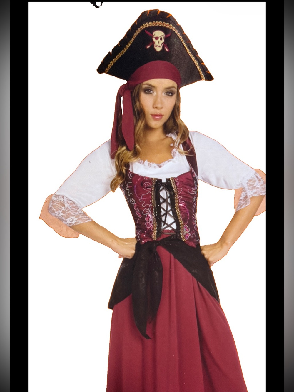 Pirate COSTUME White Wench Long dress Black Sash Wrap Burgundy Corset VEST Hat L